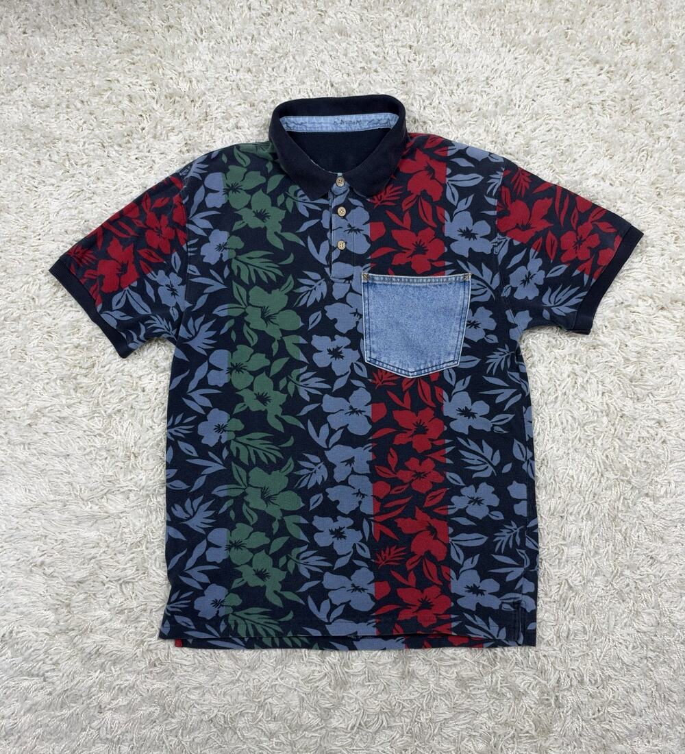 Vintage 90s Chaps Ralph Lauren L Men's Floral Tropical Striped Polo Denim Pocket